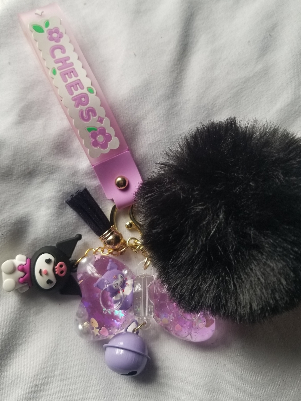 Pink & Black Sanrio-Themed Strap Keychain with Black Pom Pom and Purple Charms